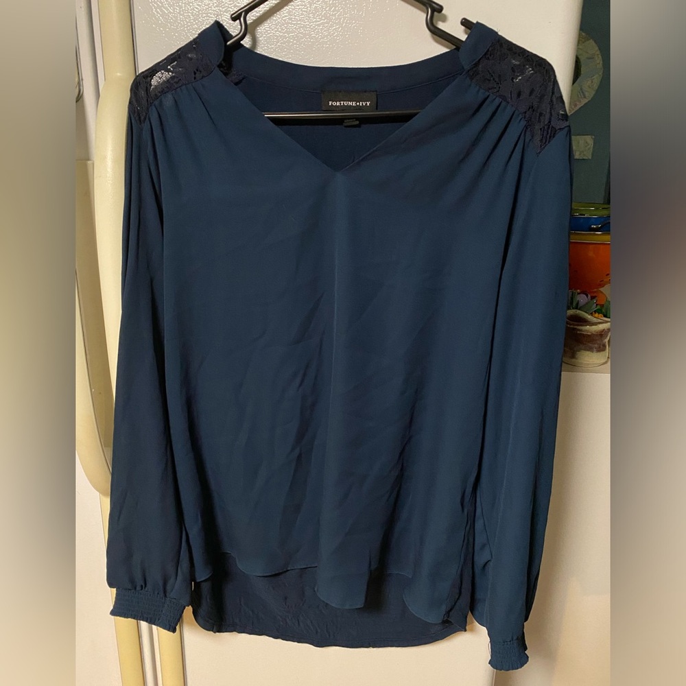 Fortune + Ivy. Mixed Material Lace Shoulder Top. Navy.